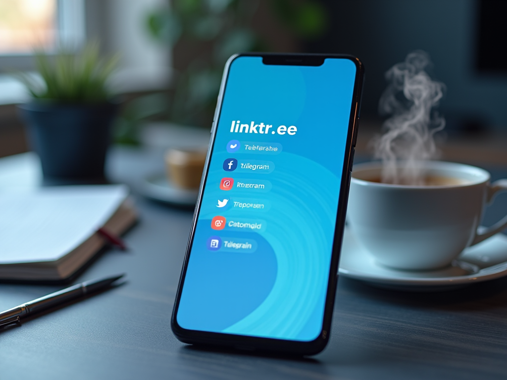 Смартфон с открытым сайтом Linktree на экране, рядом кружка с кофе на столе.