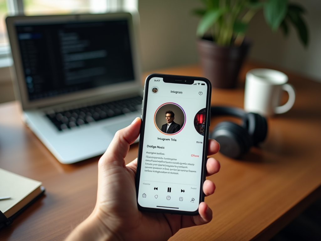 Смартфон в руке с открытым профилем музыканта в приложении Instagram, на фоне ноутбук.