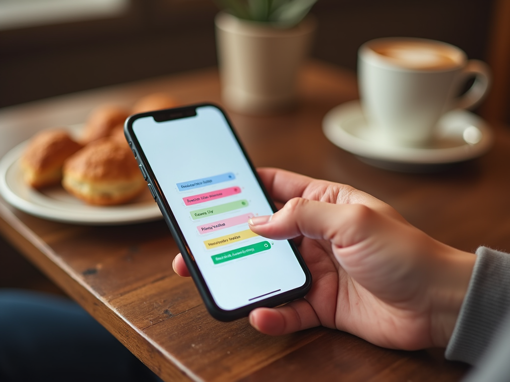 Женские руки держат смартфон с приложением для задач, на фоне завтрака с кофе и булочками.
