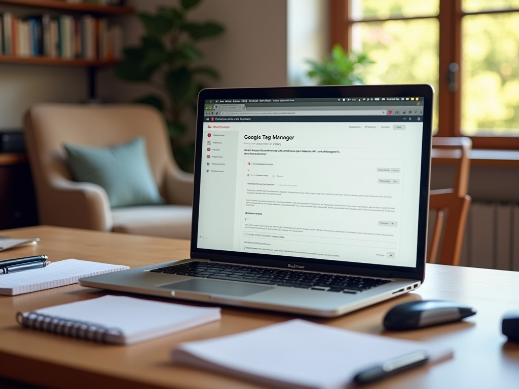Ноутбук на столе с открытым Google Tag Manager на экране, рядом ручки и блокнот.