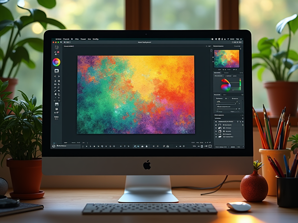 Компьютер с открытым графическим редактором, показывающий яркое цветное изображение.