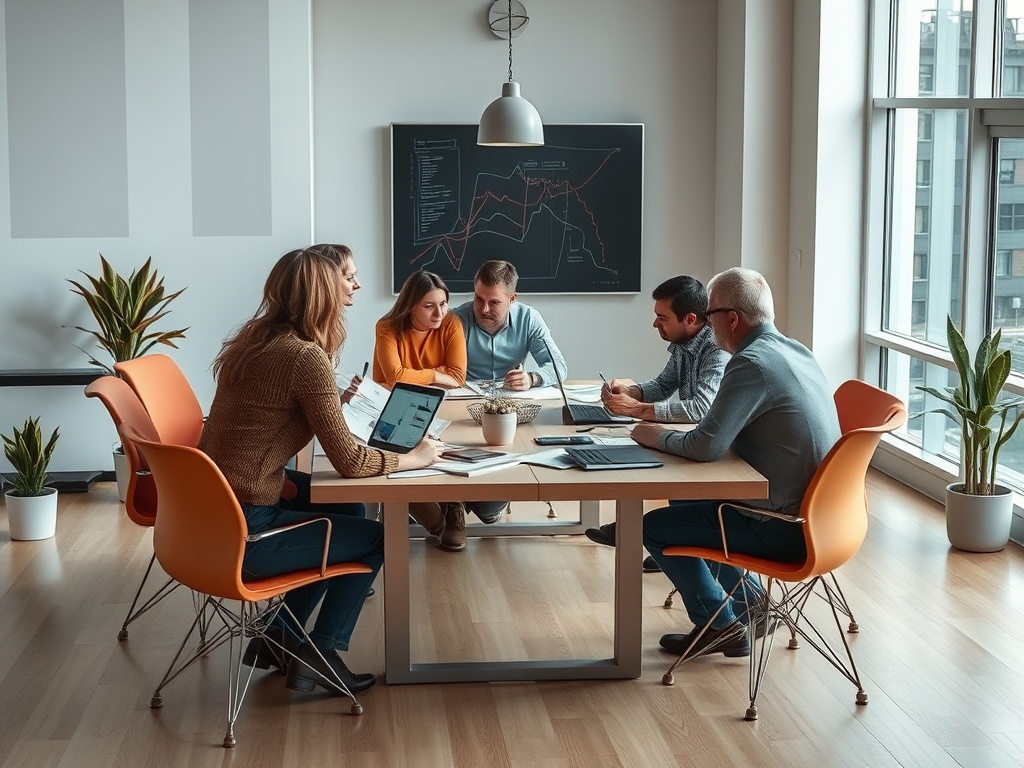 Группа людей обсуждает идеи за столом в современном офисе с большими окнами и растениями.