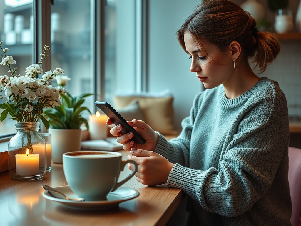Красивая девушка в свитере сидит за столом с кофе и смотрит на телефон. На столе цветы и свечи.