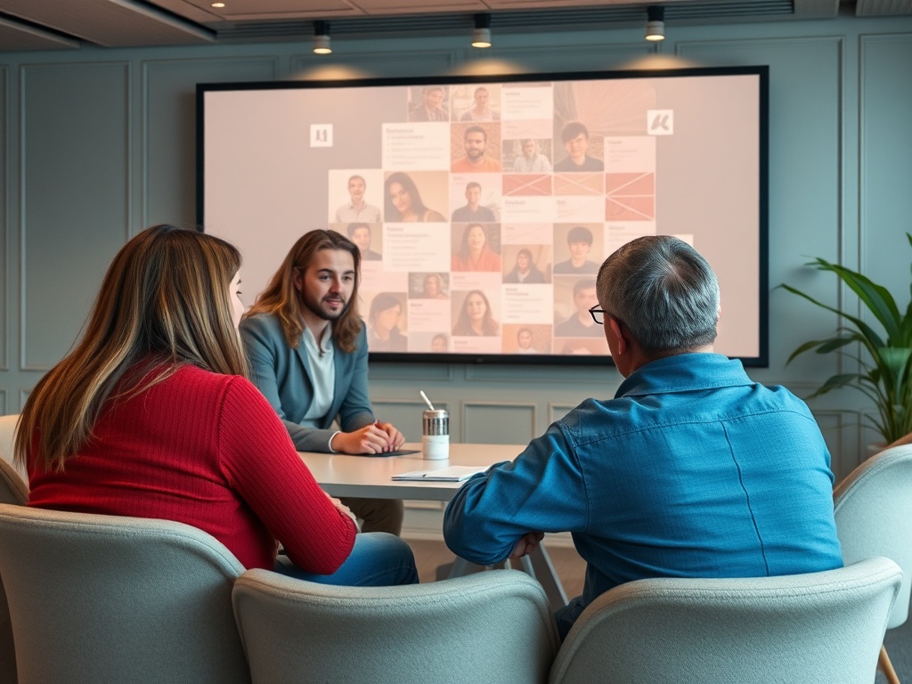 На собрании обсуждают идеи, на экране — презентация с фотографиями участников.