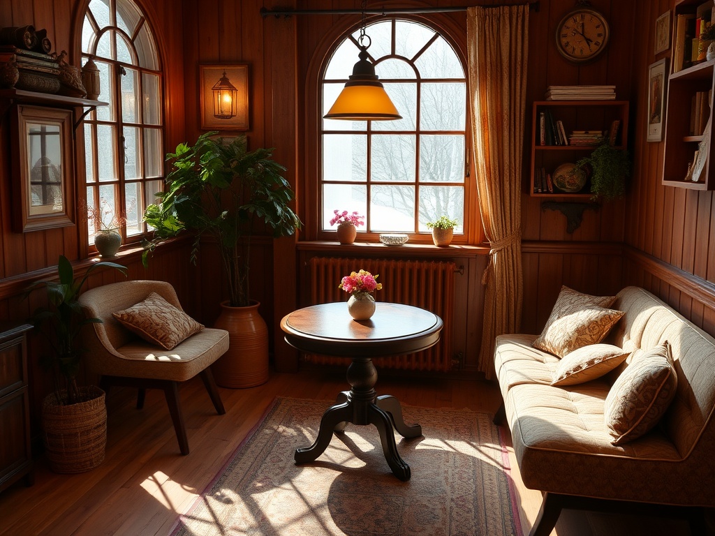 Уютная комната с деревянными стенами, plantas и комфортной мебелью. Светлое окно с видом на природу.