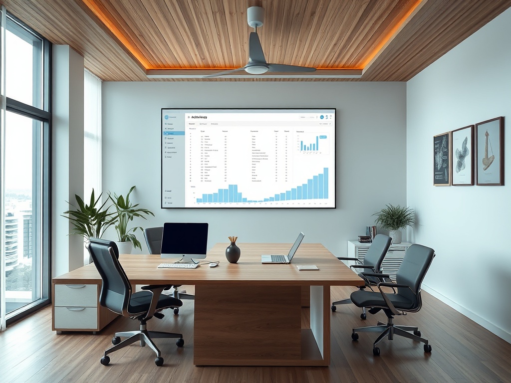 Современный офис с большим экраном, столом и стульями, освещённый естественным светом.